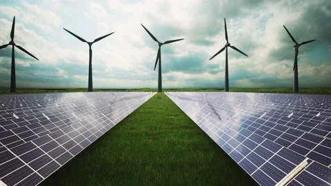 Wind Turbines and Solar Panel Aerial Moving Camera Stock-Footage 209295302
