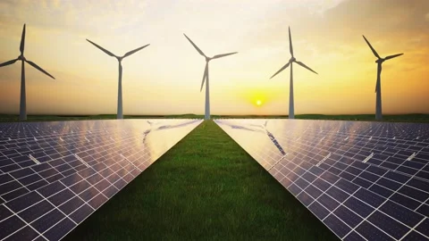 Wind Turbines and Solar Panel Aerial Moving Camera Stock-Footage 209295314