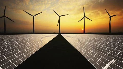 Wind Turbines and Solar Panel Aerial Moving Camera Video stock 209295825