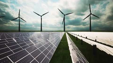Wind Turbines and Solar Panel Aerial Moving Camera Stock-Footage 209296131