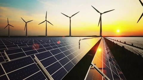 Wind Turbines and Solar Panel Aerial Moving Camera Stock-Footage 209296454