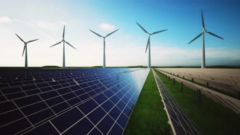 Wind Turbines and Solar Panel Aerial Moving Camera Stock-Footage 209296476