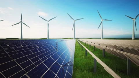 Wind Turbines and Solar Panel Aerial Moving Camera Stock-Footage 209296638