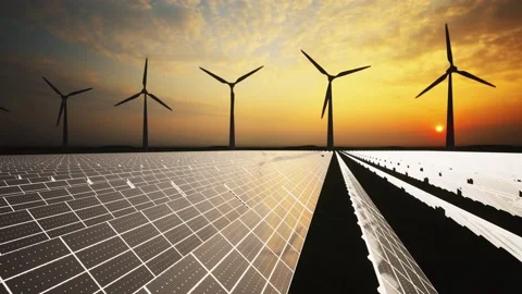 Wind Turbines and Solar Panel Aerial Moving Camera Stock-Footage 209296642