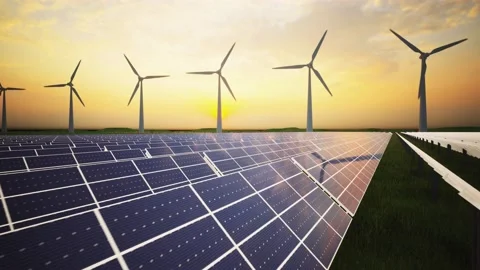 Wind Turbines and Solar Panel Aerial Moving Camera Stock-Footage 212582419