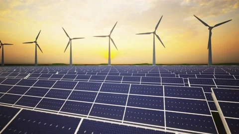 Wind Turbines and Solar Panel Aerial Moving Camera Stock-Footage 212582420