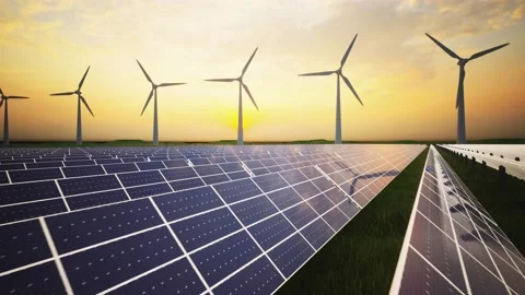 Wind Turbines and Solar Panel Aerial Moving Camera Stock-Footage 212582421