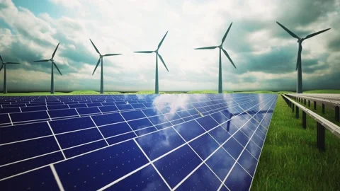 Wind Turbines and Solar Panel Aerial Moving Camera Stock-Footage 212582663