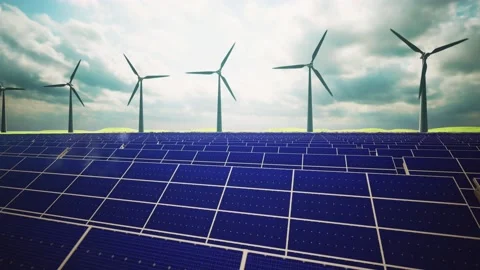 Wind Turbines and Solar Panel Aerial Moving Camera Stock-Footage 212582897