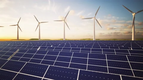 Wind Turbines and Solar Panel Aerial Moving Camera Stock-Footage 212582909