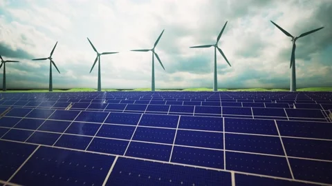 Wind Turbines and Solar Panel Aerial Moving Camera 스톡 동영상 212582910