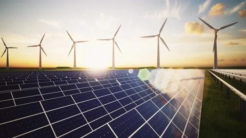 Wind Turbines and Solar Panel Aerial Moving Camera Stock-Footage 212582917