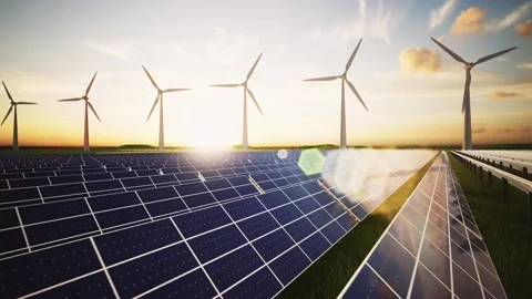 Wind Turbines and Solar Panel Aerial Moving Camera Stock-Footage 212583138