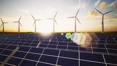 Wind Turbines and Solar Panel Aerial Moving Camera Stockbeeldmateriaal 212583151