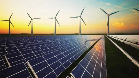 Wind Turbines and Solar Panel Aerial Moving Camera Stockbeeldmateriaal 212583154