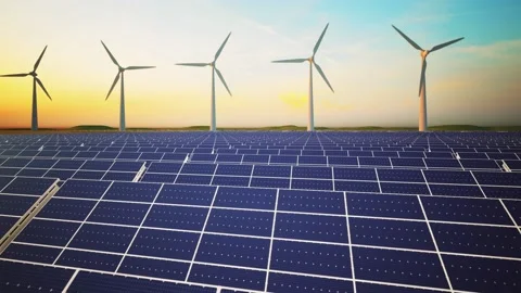 Wind Turbines and Solar Panel Aerial Moving Camera Stockbeeldmateriaal 212583175