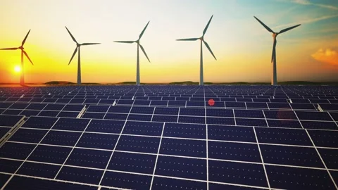 Wind Turbines and Solar Panel Aerial Moving Camera Stockbeeldmateriaal 212583380