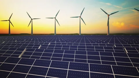 Wind Turbines and Solar Panel Aerial Moving Camera Stockbeeldmateriaal 212583386