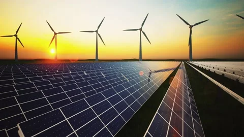 Wind Turbines and Solar Panel Aerial Moving Camera Stockbeeldmateriaal 212583399
