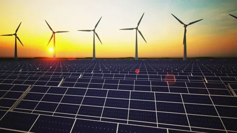 Wind Turbines and Solar Panel Aerial Moving Camera Stockbeeldmateriaal 212583402