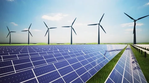 Wind Turbines and Solar Panel Aerial Moving Camera Stockbeeldmateriaal 212583426
