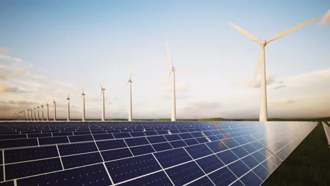 Wind Turbines and Solar Panel Aerial Stockbeeldmateriaal 212611919