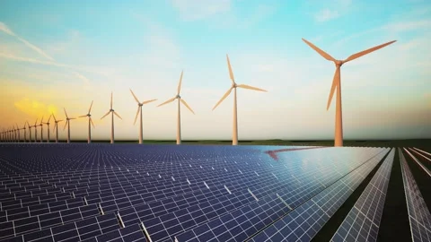 Wind Turbines and Solar Panel Aerial Stockbeeldmateriaal 212613028