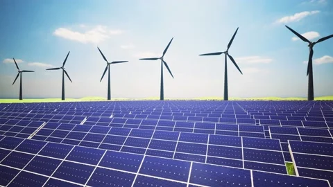 Wind Turbines and Solar Panel Aerial Moving Camera Stockbeeldmateriaal 212613218