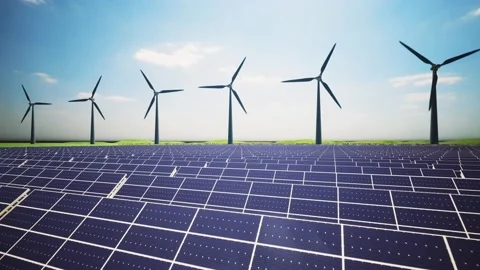 Wind Turbines and Solar Panel Aerial Moving Camera Stockbeeldmateriaal 212613271