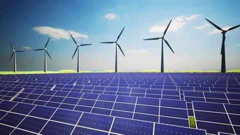 Wind Turbines and Solar Panel Aerial Moving Camera Stockbeeldmateriaal 212613343