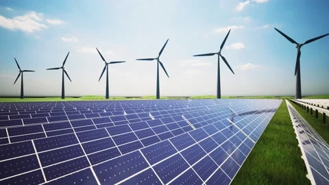 Wind Turbines and Solar Panel Aerial Moving Camera Stockbeeldmateriaal 212613344