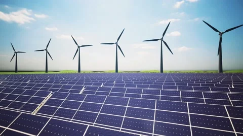 Wind Turbines and Solar Panel Aerial Moving Camera Stockbeeldmateriaal 212613617