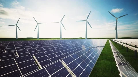 Wind Turbines and Solar Panel Aerial Moving Camera Stockbeeldmateriaal 212614350