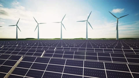 Wind Turbines and Solar Panel Aerial Moving Camera Stockbeeldmateriaal 212614383