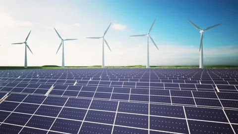 Wind Turbines and Solar Panel Aerial Moving Camera Stockbeeldmateriaal 212614408