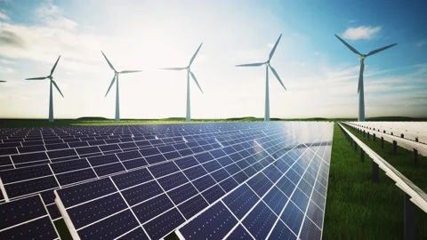 Wind Turbines and Solar Panel Aerial Moving Camera Stockbeeldmateriaal 212614587