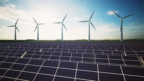 Wind Turbines and Solar Panel Aerial Moving Camera Stockbeeldmateriaal 212615107