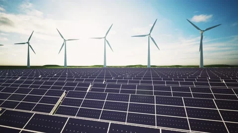 Wind Turbines and Solar Panel Aerial Moving Camera Stockbeeldmateriaal 212615395
