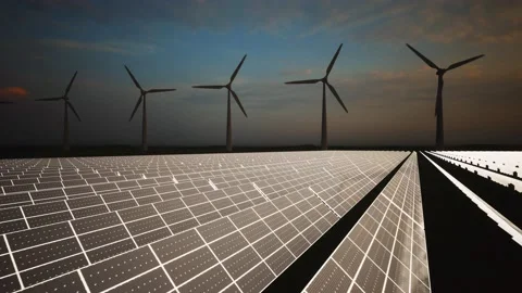 Wind Turbines and Solar Panel Aerial Moving Camera Stockbeeldmateriaal 212615405