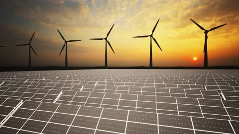 Wind Turbines and Solar Panel Aerial Moving Camera Stockbeeldmateriaal 212615430