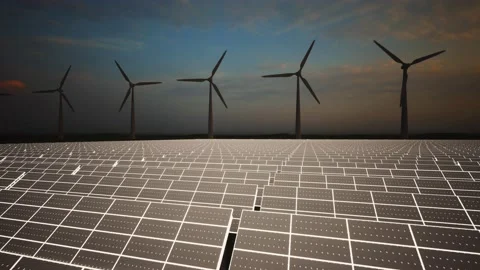 Wind Turbines and Solar Panel Aerial Moving Camera Stockbeeldmateriaal 212615538
