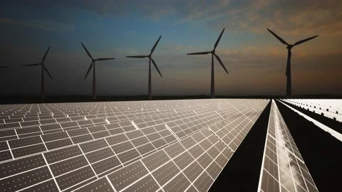 Wind Turbines and Solar Panel Aerial Moving Camera Stockbeeldmateriaal 212616181