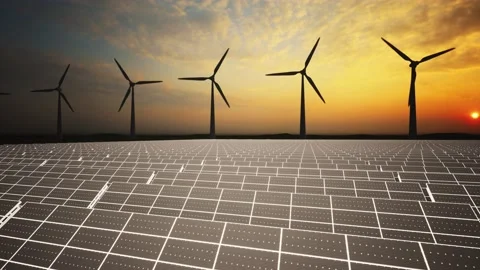Wind Turbines and Solar Panel Aerial Moving Camera Stockbeeldmateriaal 212616358