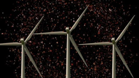 Wind turbines with animated letters in the background Stock Footage 86857094