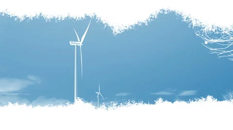 Wind turbines appearing in an animated effect - blue sky, panoramic view Stock Footage 62266880