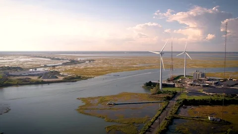 Wind Turbines in Atlantic City, New Jersey at Golden Hour Stock Footage