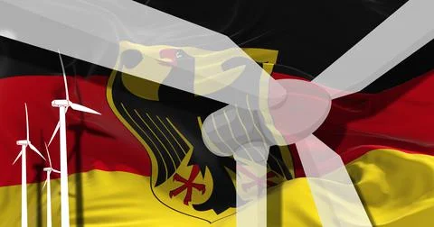 Wind turbines on background of Germany flag. sustainable development, renewab Stock Illustration