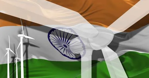 Wind turbines on background of India flag. sustainable development, renewable 스톡 일러스트