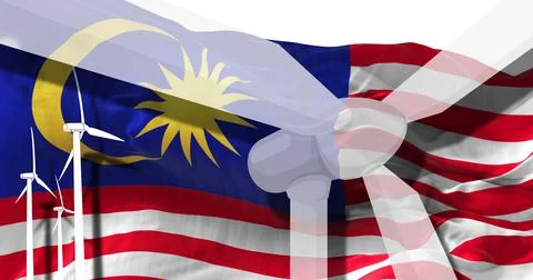 Wind turbines on background of Malaysia flag. sustainable development, renewa Stock Illustration
