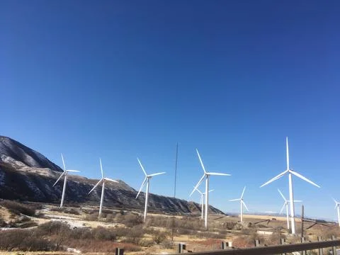 Wind turbines at the base of Spanish Fork Canyon, Utah Stock Photos